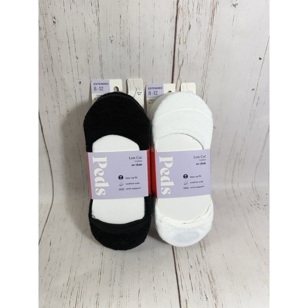 Peds Low Cut Cushion No Show No Slip Socks Size 8-12 Black White 12 Pairs NEW